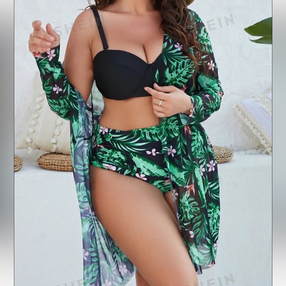 Shein Swim New Shein Swim Vcay Plus Tropical Print Push Up Bikini Swimsuit With Kimono